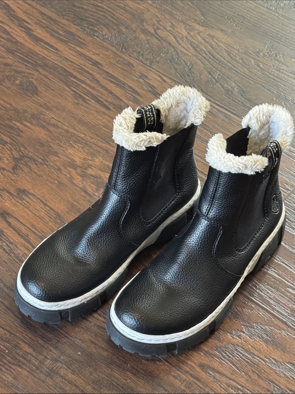 Rieker Black Ankle Boots with Cream Fur Trim - Picture 3 of 11